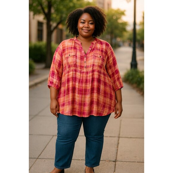 Avenue Womens Pink & Peach Abstract Printed Blouse 30/32 Button-Up Pocket Detail - Picture 12 of 15